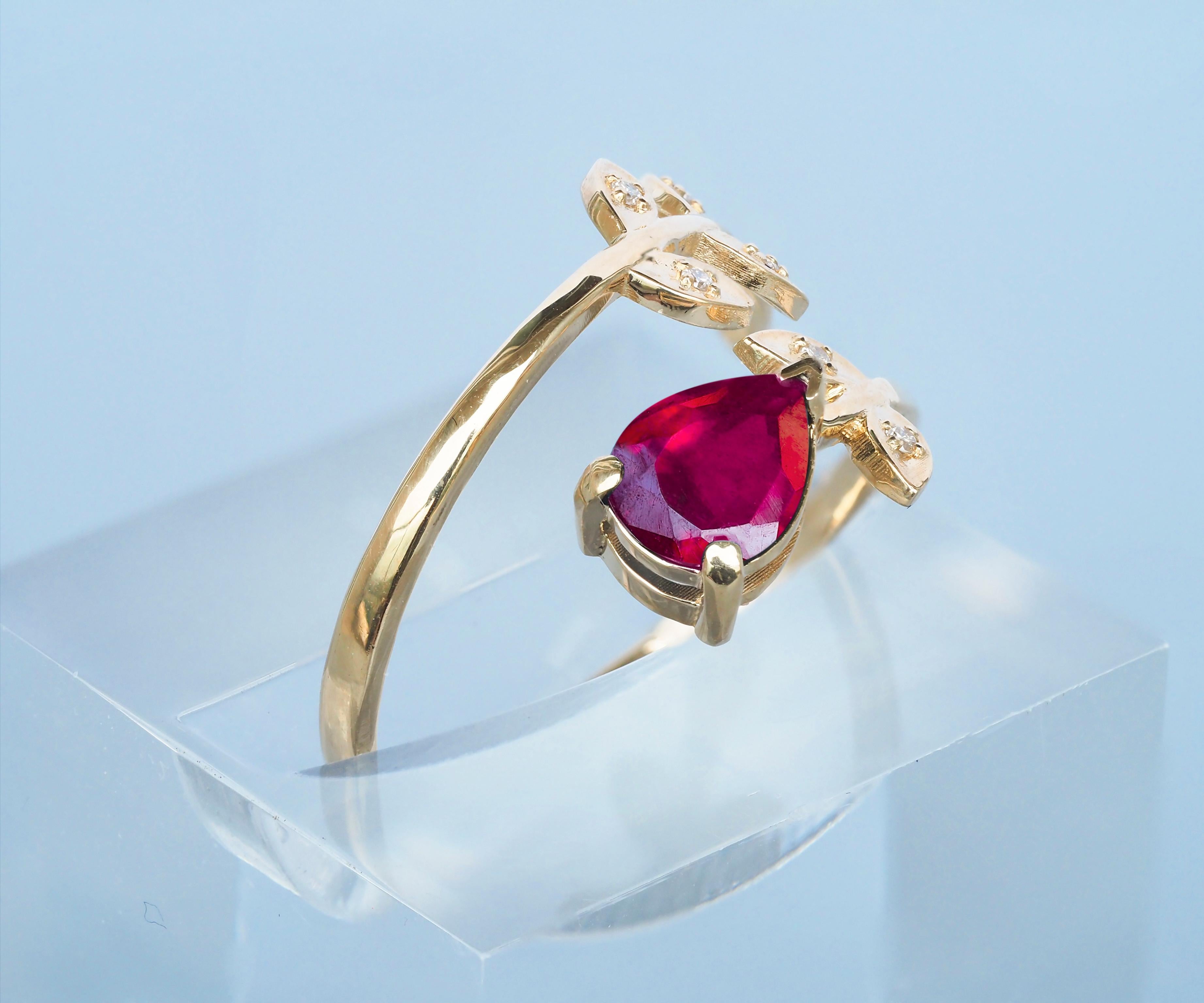 Women's Pear ruby 14k gold ring.  For Sale
