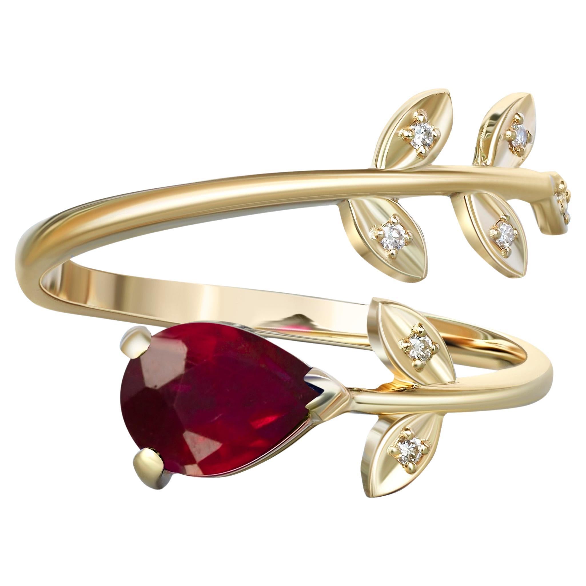 Bague en or 14k rubis poire, bague en or rubis