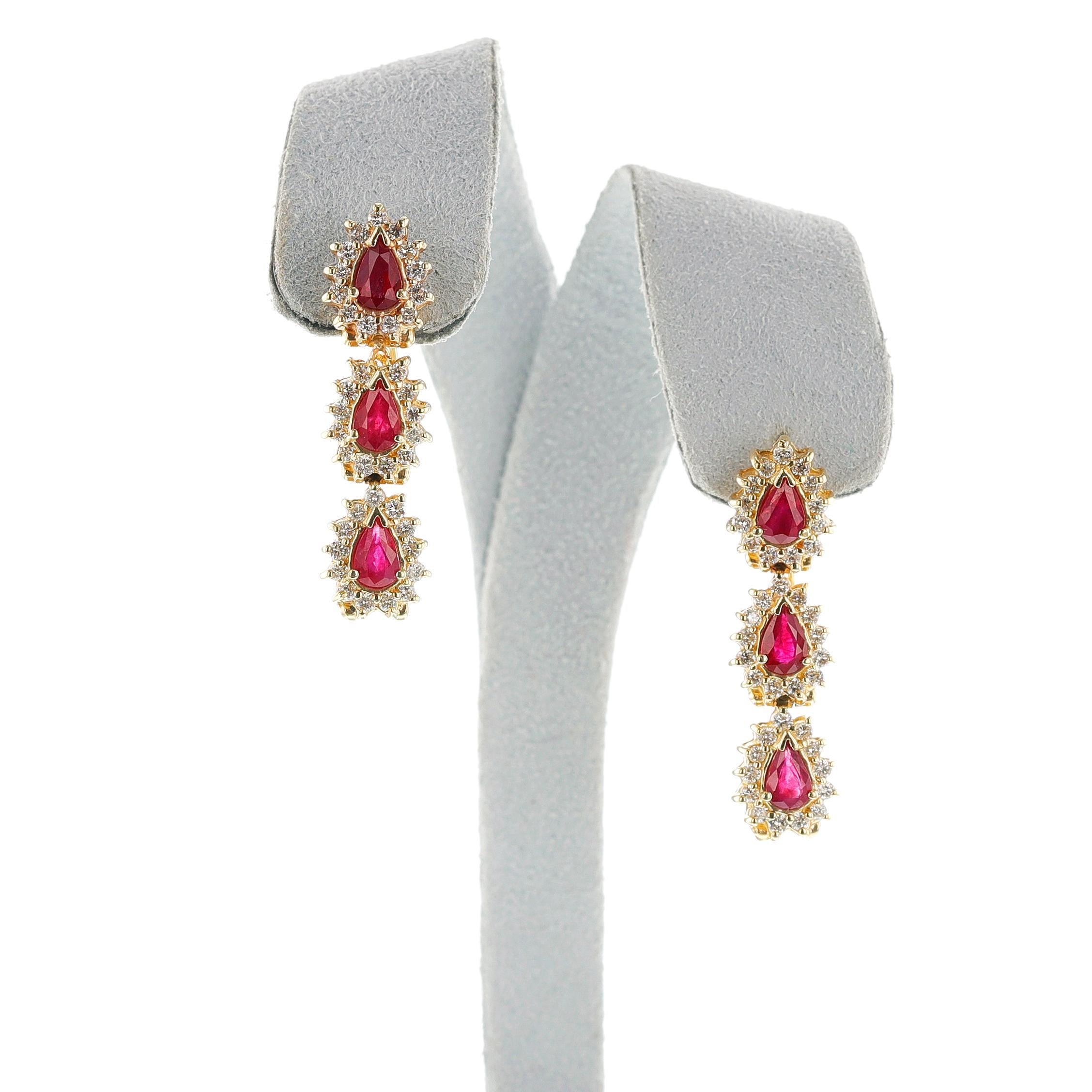 Pear Ruby and Diamond Dangling Earrings, 14k In Excellent Condition For Sale In New York, NY