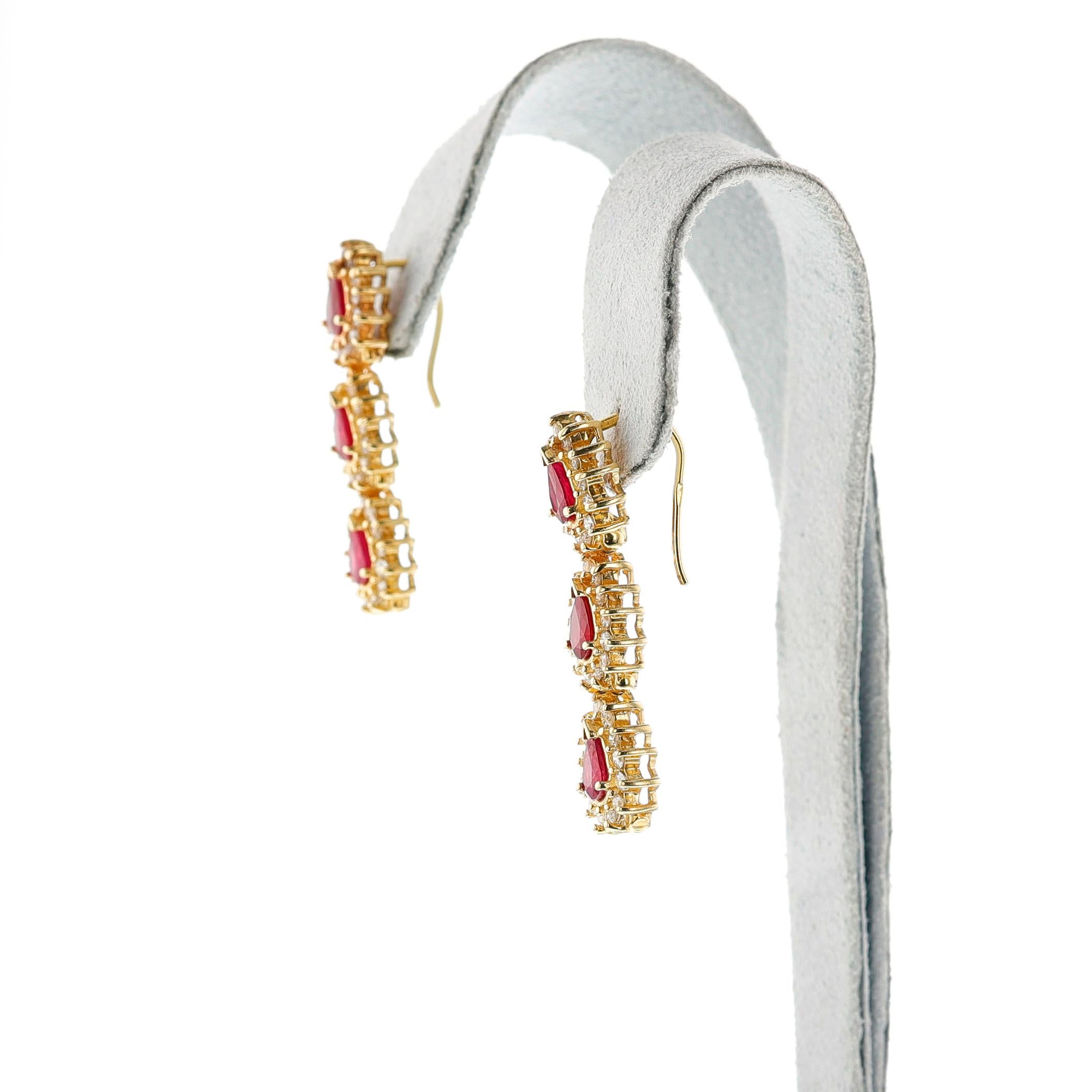 Women's or Men's Pear Ruby and Diamond Dangling Earrings, 14k For Sale