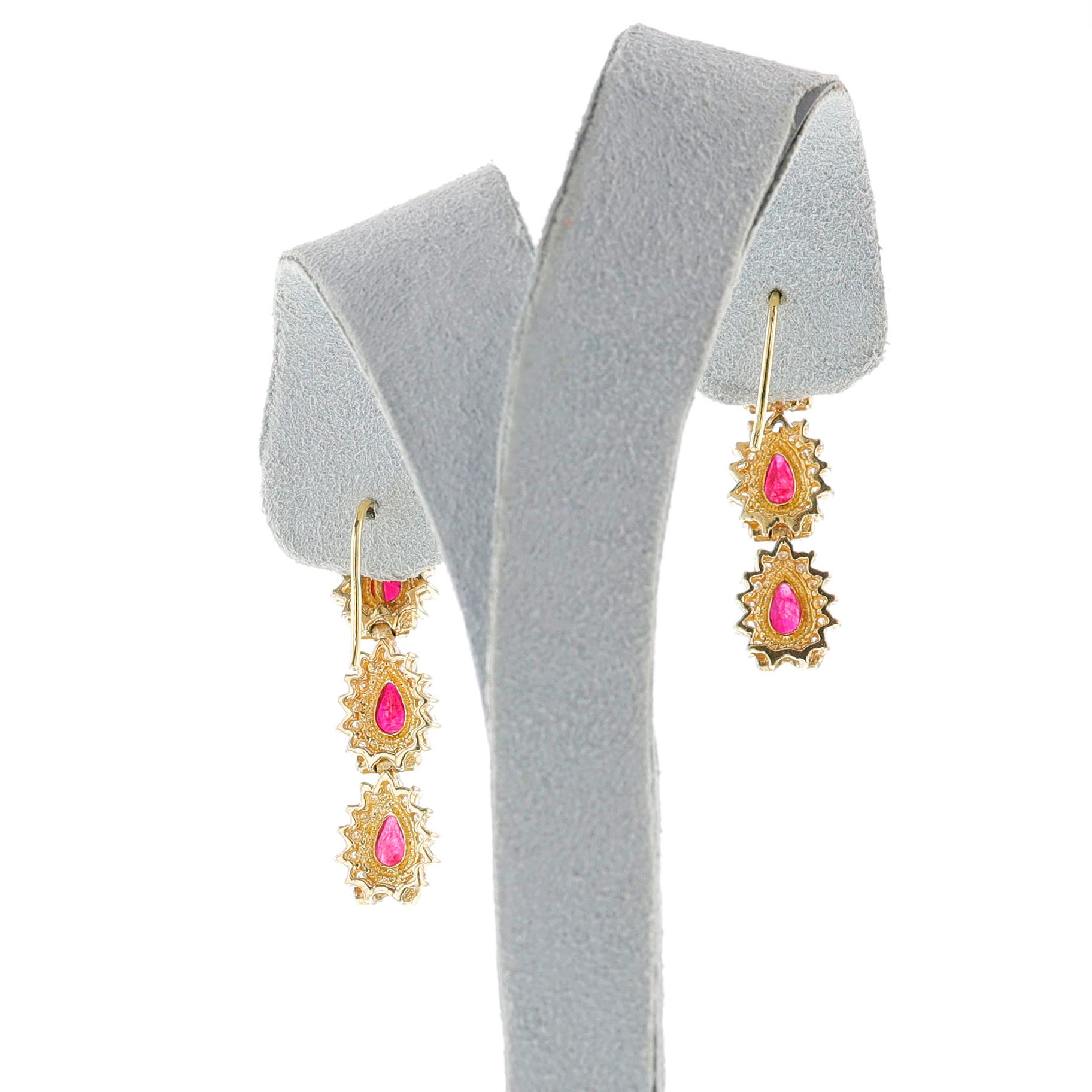 Pear Ruby and Diamond Dangling Earrings, 14k For Sale 1