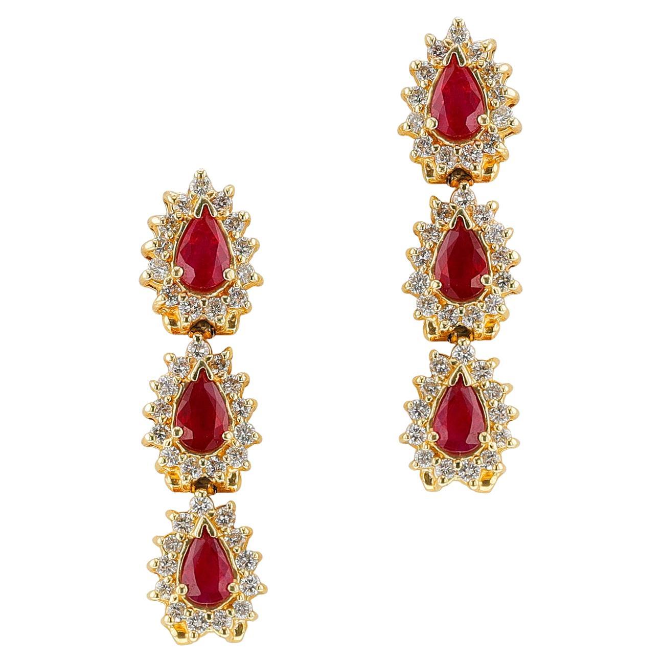 Pear Ruby and Diamond Dangling Earrings, 14k For Sale