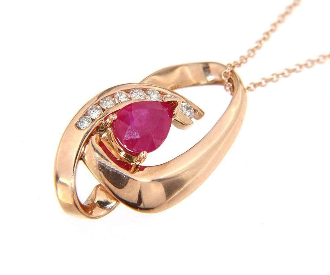 Pear Cut Pear Ruby and Diamond Pendant Necklace in 14K For Sale