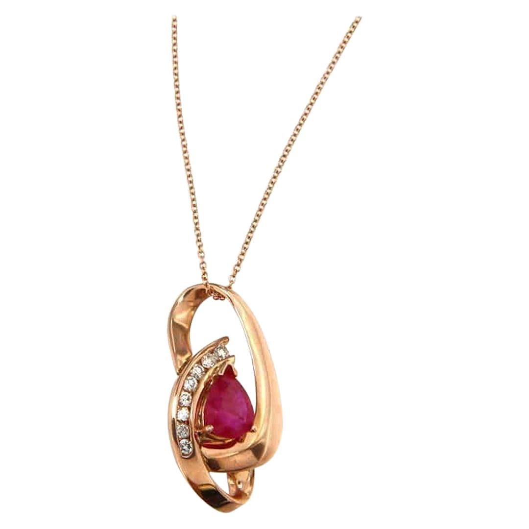 Pear Ruby and Diamond Pendant Necklace in 14K For Sale
