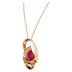 Pear Ruby and Diamond Pendant Necklace in 14K