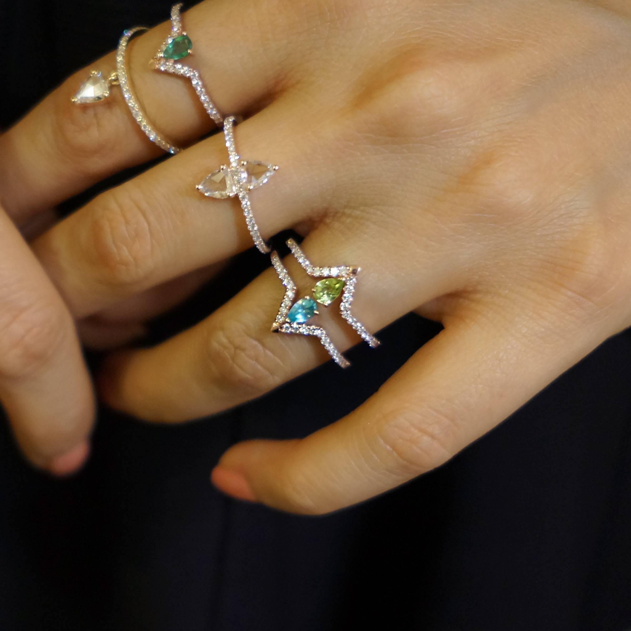 Balancing classic aesthetics with modern sensibilities, Ri Noor's Pear Paraiba Blue Apatite and Diamond Ring is designed to elevate any outfit, no matter the occasion. The ring features a vivid pear cut ruby resting in a V-shaped recess along the