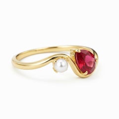 Bague poire rubis et perle en or 14k
