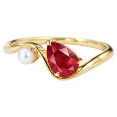 Bague poire rubis et perle en or 14k