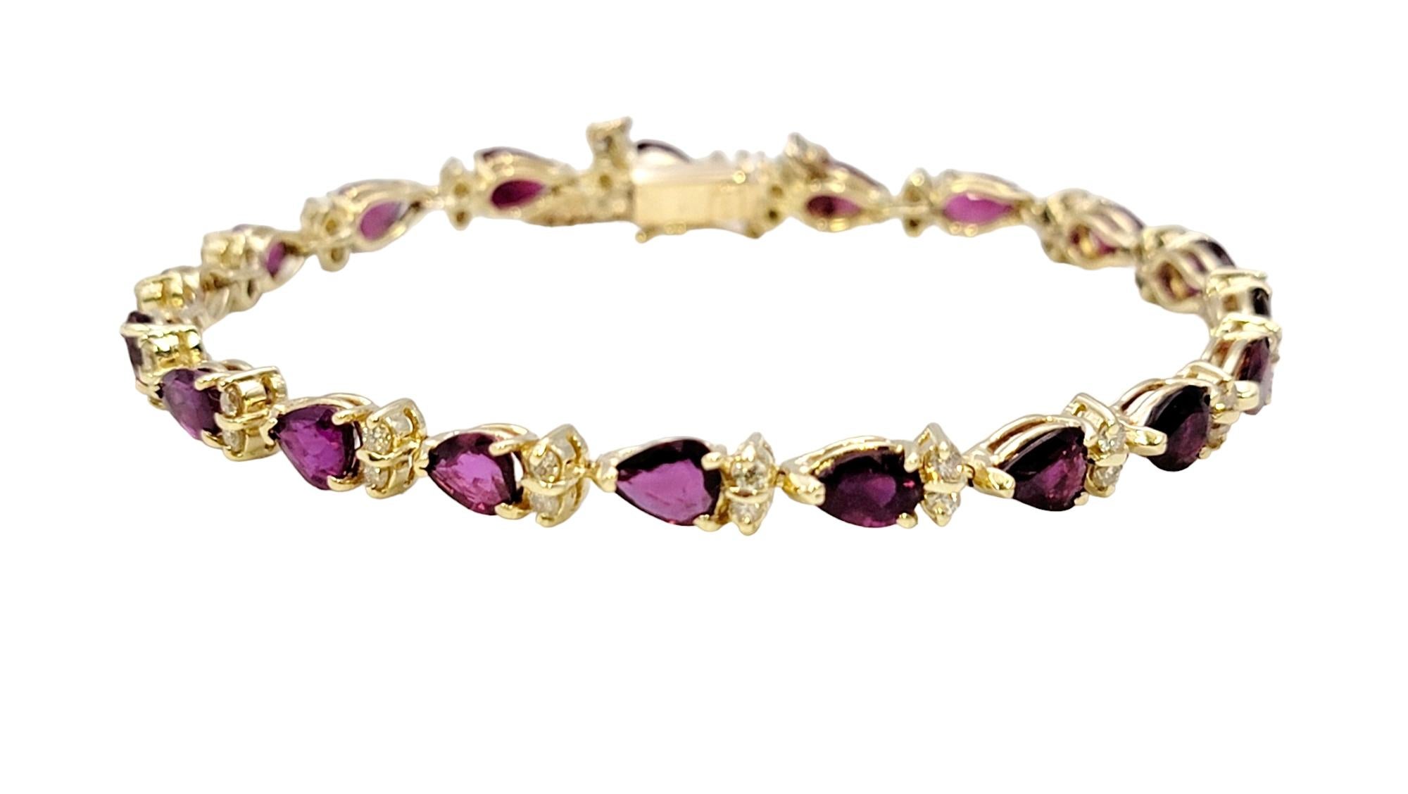 Stunning line bracelet with a vibrant pop of color. This gorgeous piece absolutely dazzles with its rich red rubies and bright white diamonds. The sleek design paired with the alternating pattern gives both interest and beauty to this exquisite