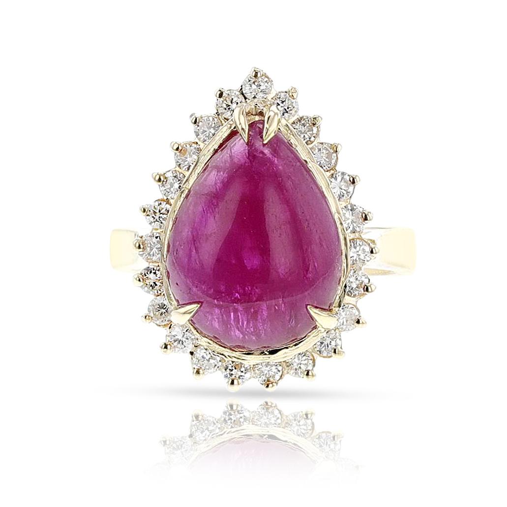 Anillo con cabujón de rubí pera y diamantes, 14k Cabujón en venta
