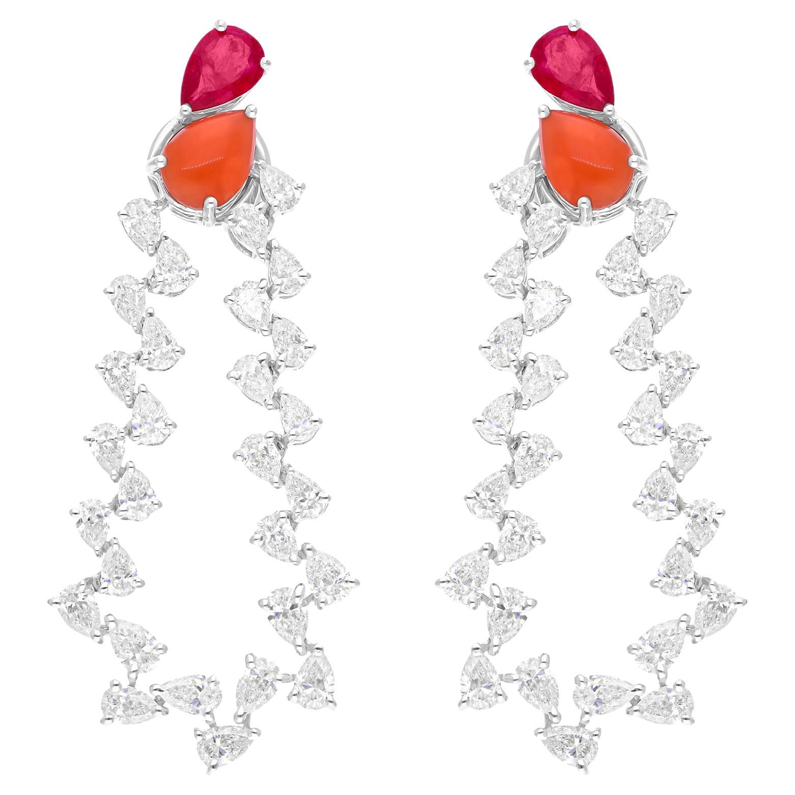 Pear Ruby Coral Gemstone SI/H Diamond 18 Karat White Gold Fine Dangle Earrings