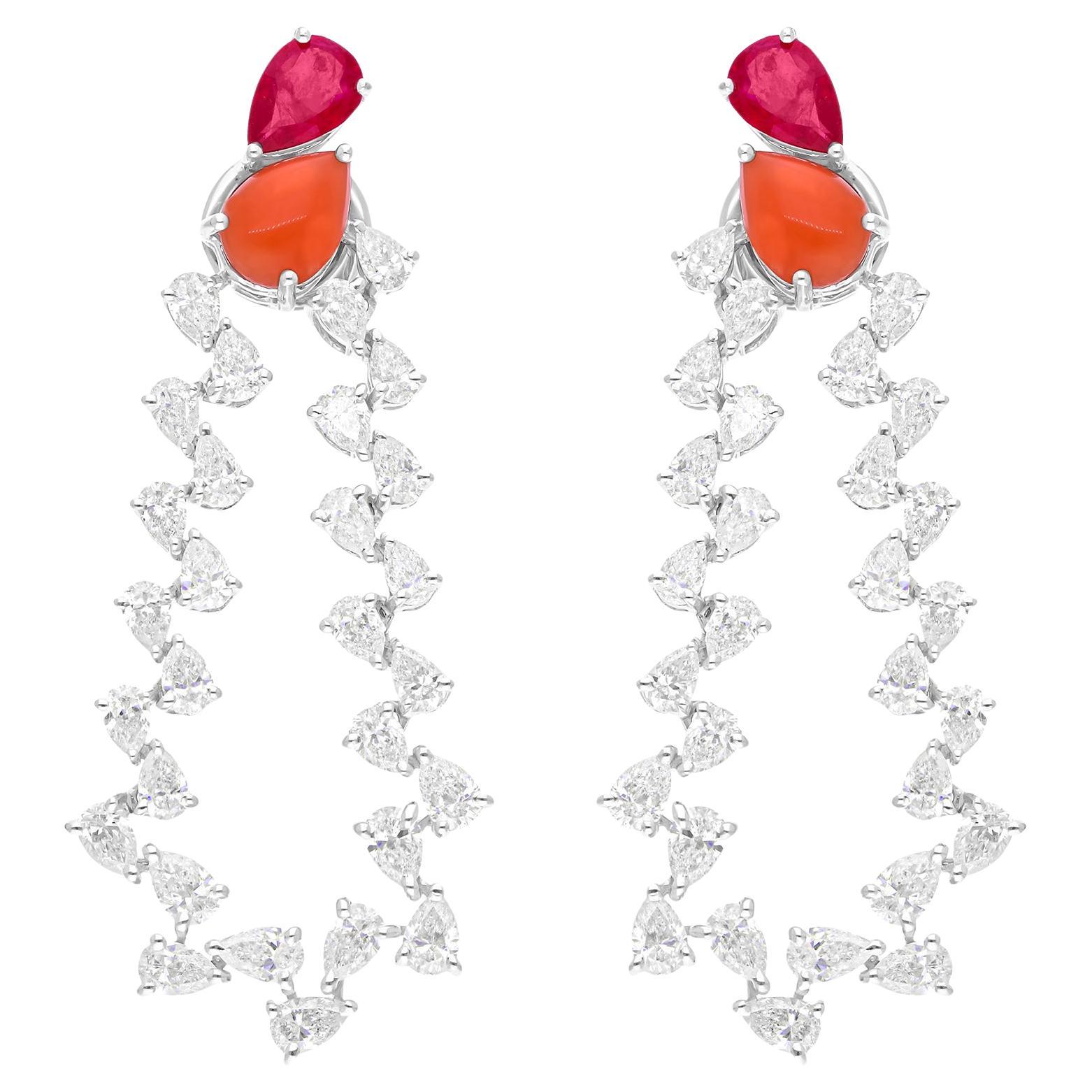Pear Ruby Coral Gemstone SI/H Diamond 18 Karat White Gold Fine Dangle Earrings