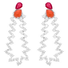 Pear Ruby Coral Gemstone SI/H Diamond 18 Karat White Gold Fine Dangle Earrings