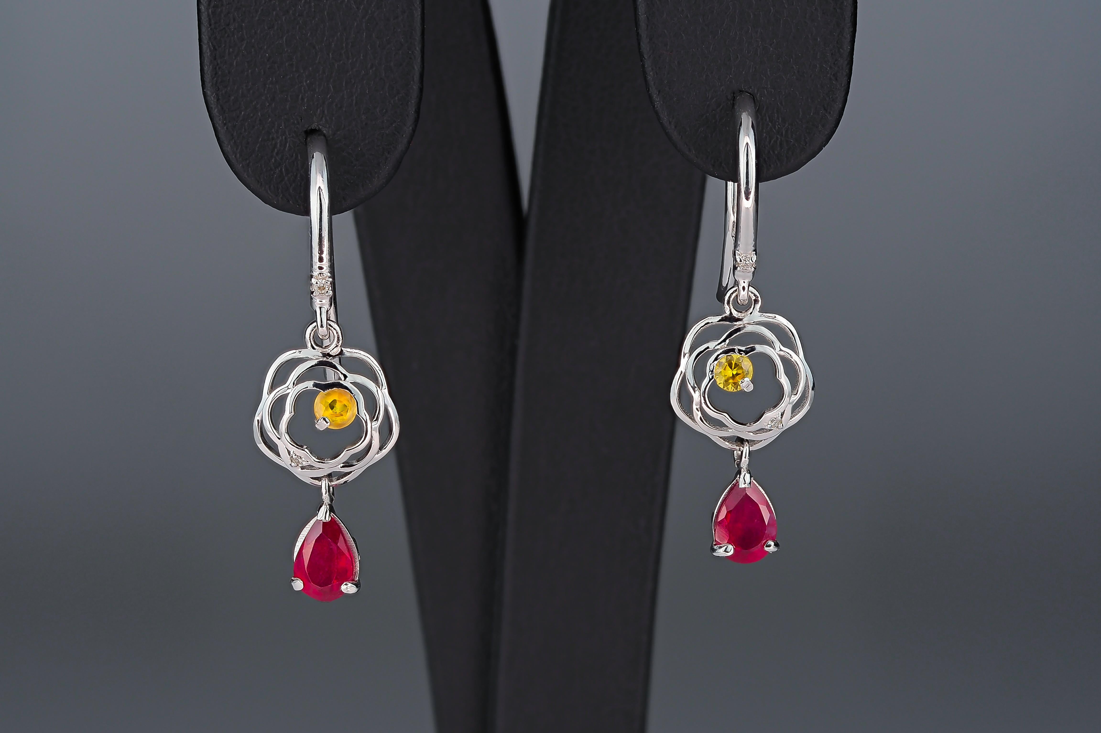 Pear ruby drop earrings in 14k gold.  For Sale 2