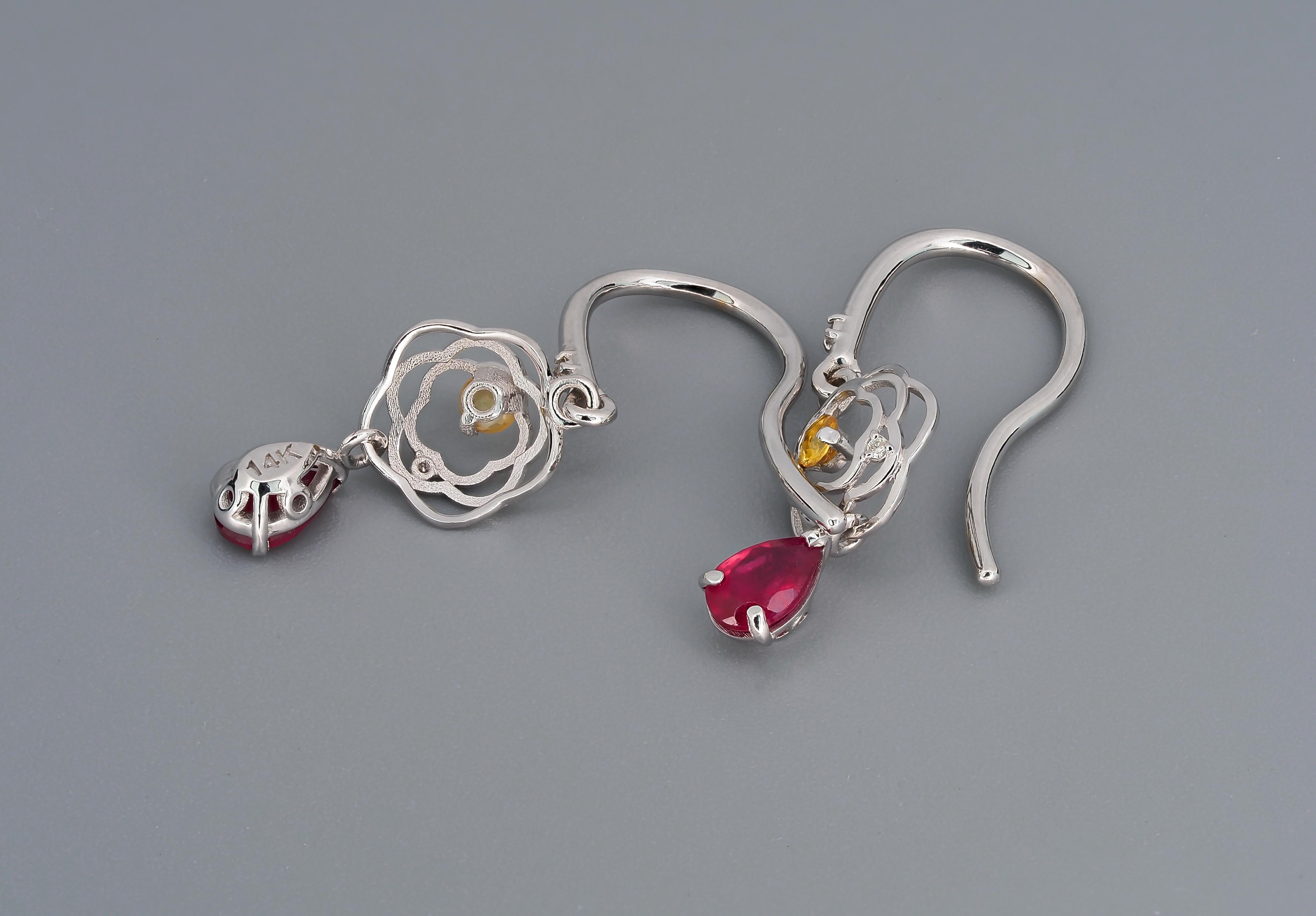 Pear Ruby Drop Earrings in 14k Gold, Natural Ruby Earrings For Sale 1