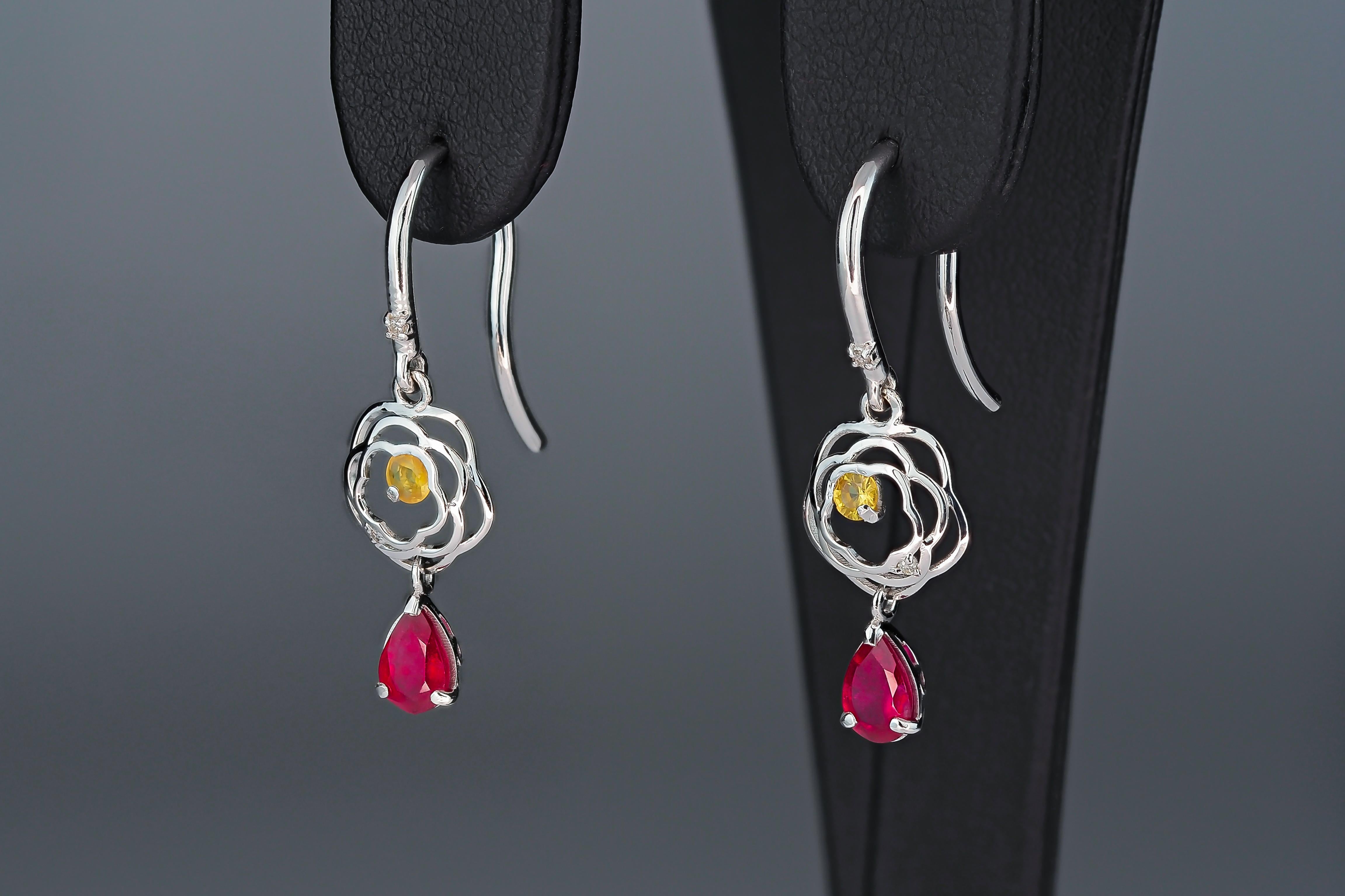 Pear Ruby Drop Earrings in 14k Gold, Natural Ruby Earrings For Sale 3