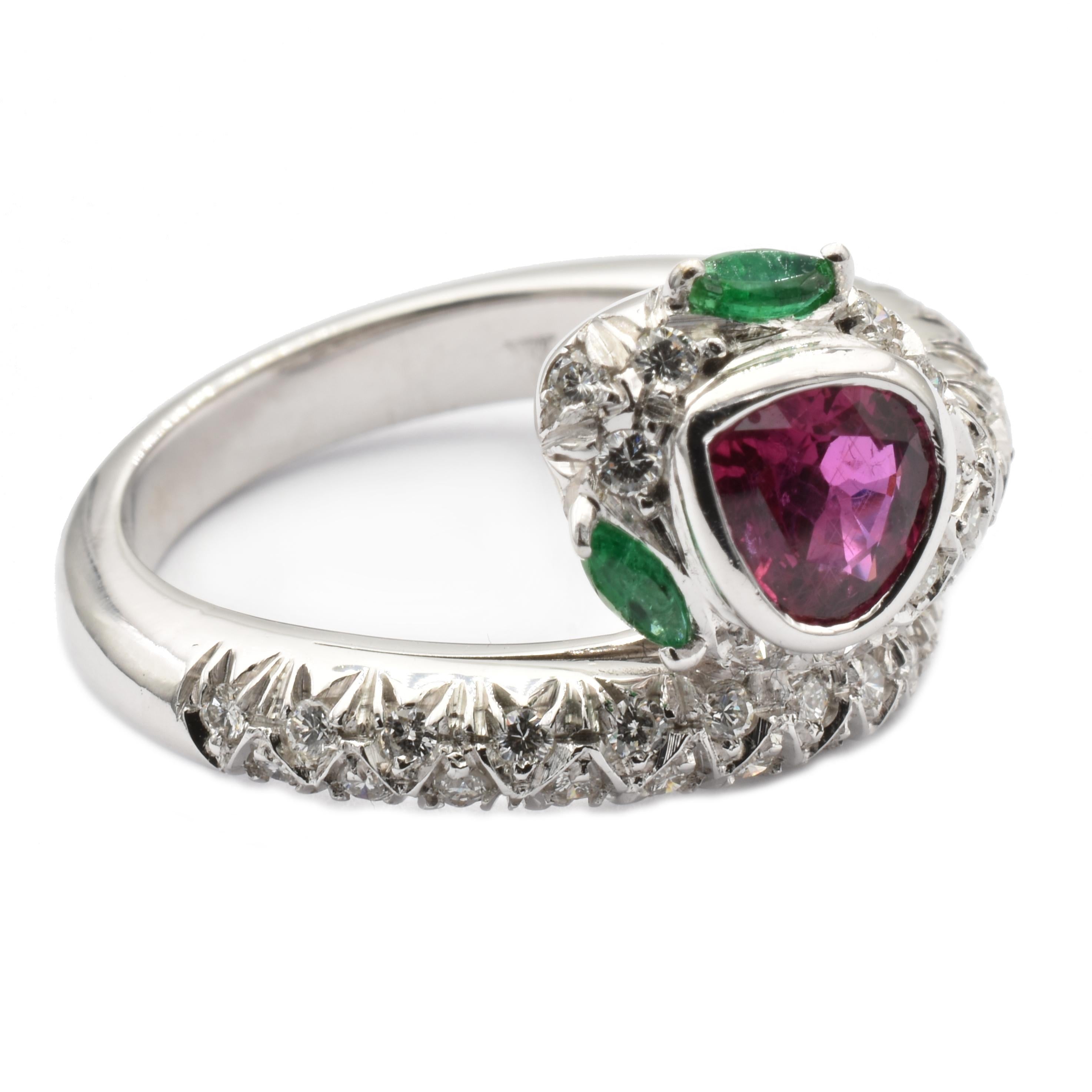 Contemporary Pear Ruby, Emeralds and Diamonds White Gold Snake Ring Made in Italy For Sale
