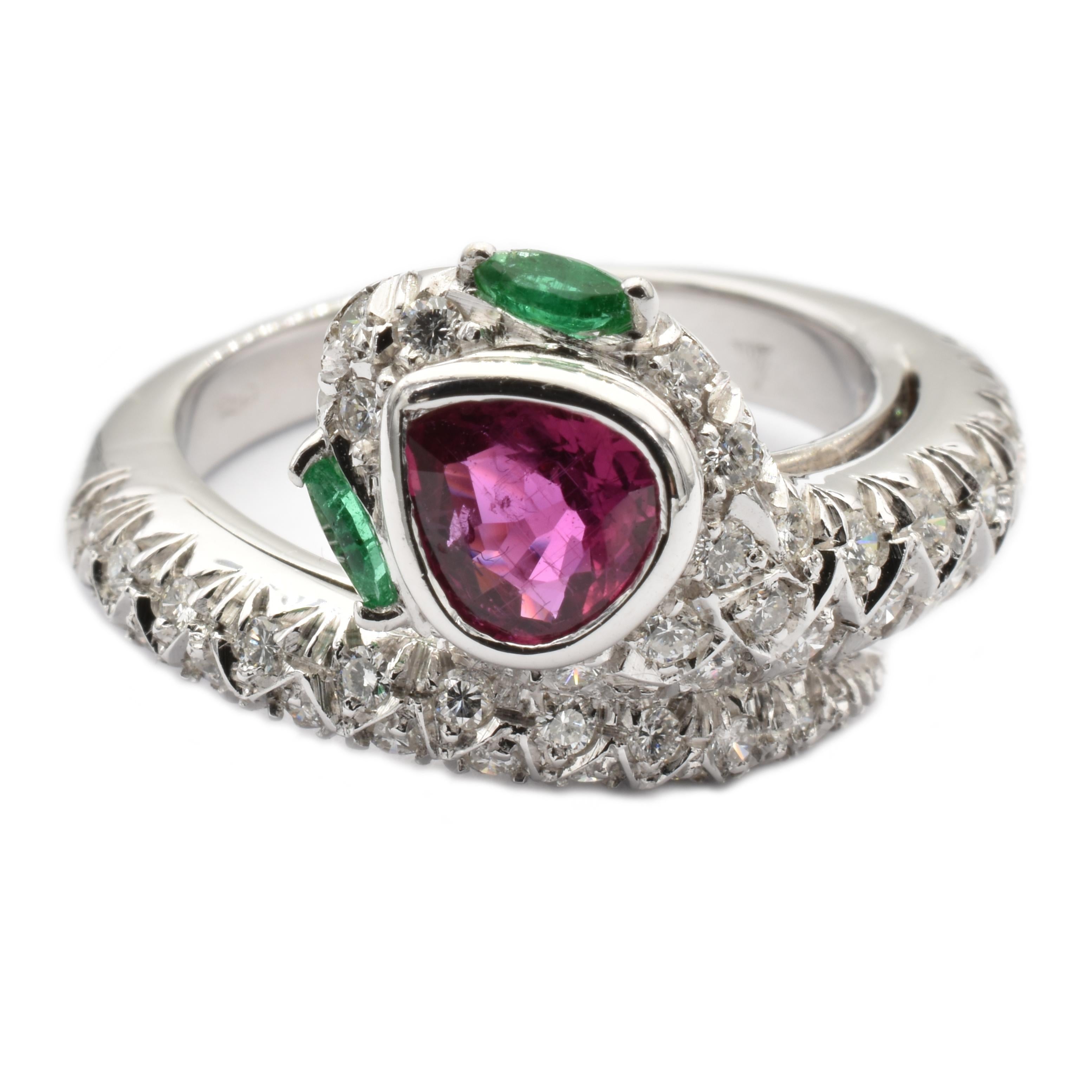 Pear Cut Pear Ruby, Emeralds and Diamonds White Gold Snake Ring Made in Italy For Sale