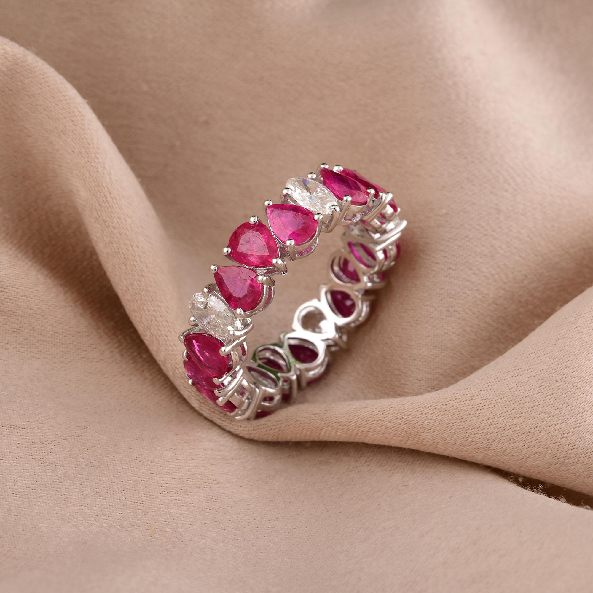 Modern Pear Ruby Gemstone Band Ring Oval Diamond 14 Karat White Gold Handmade Jewelry For Sale