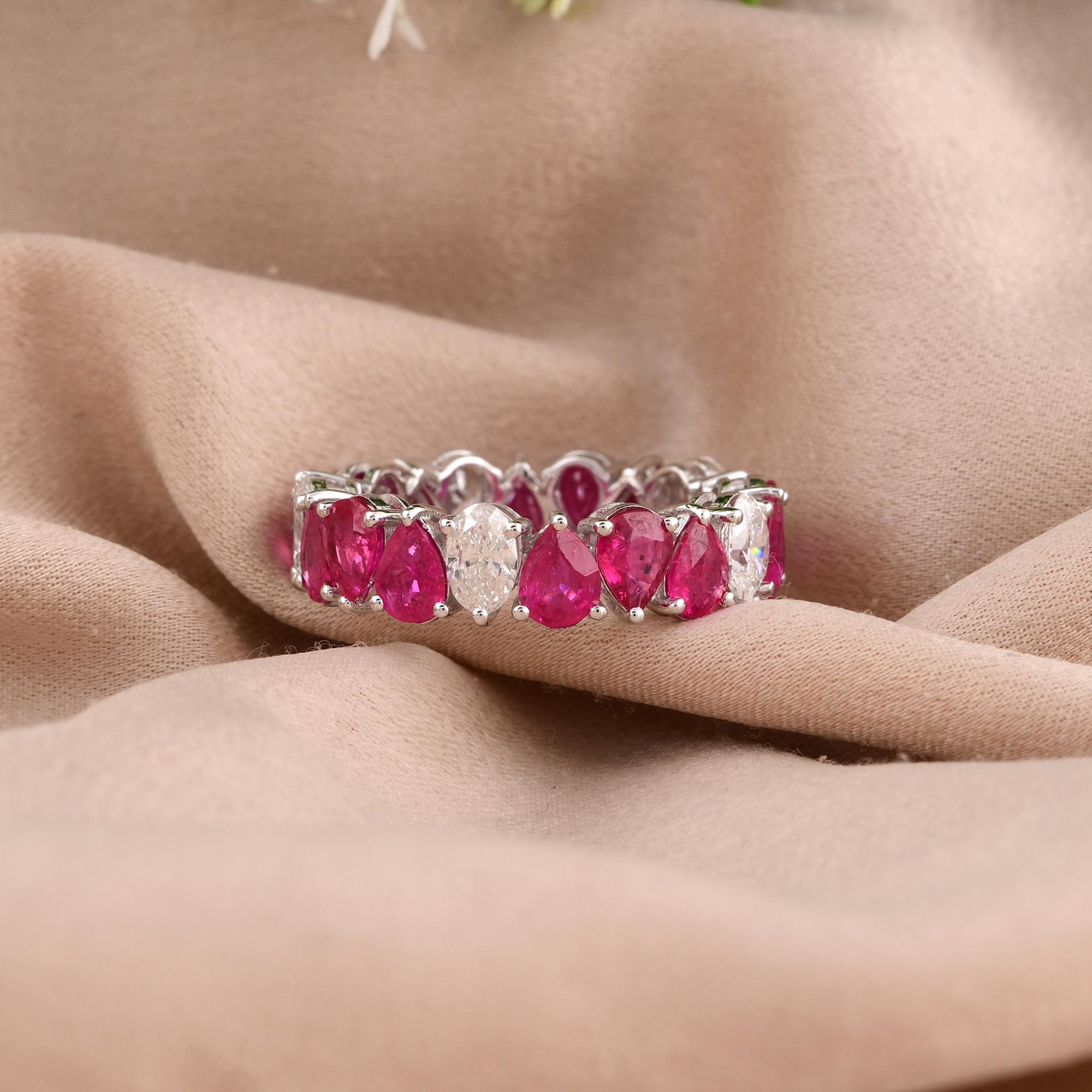 Pear Cut Pear Ruby Gemstone Band Ring Oval Diamond 14 Karat White Gold Handmade Jewelry For Sale