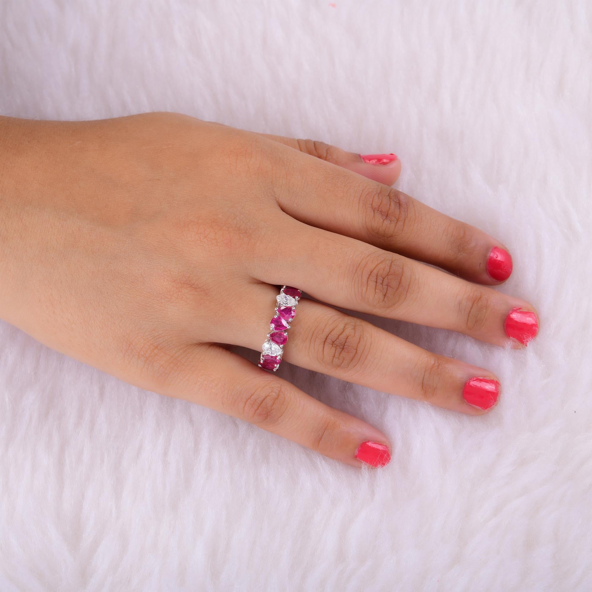 Women's Pear Ruby Gemstone Band Ring Oval Diamond 14 Karat White Gold Handmade Jewelry For Sale