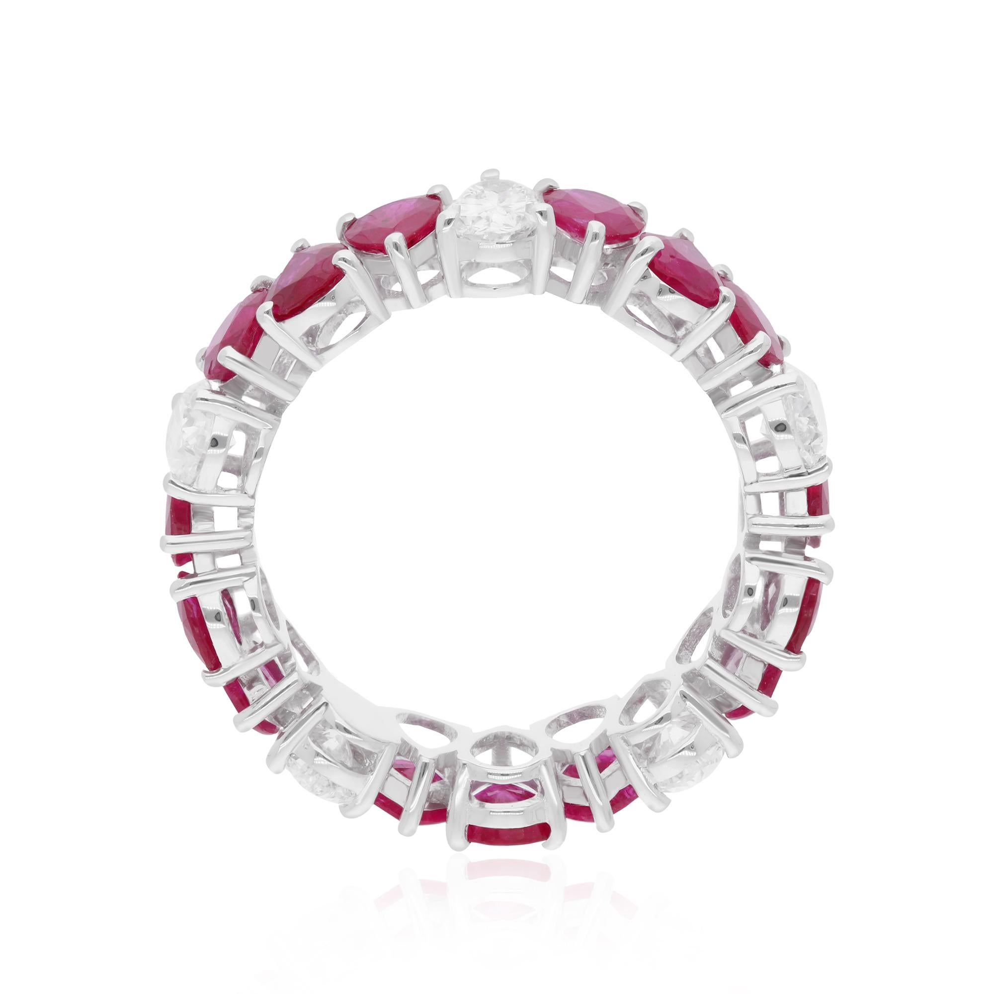 Pear Ruby Gemstone Band Ring Oval Diamond 14 Karat White Gold Handmade Jewelry For Sale 1
