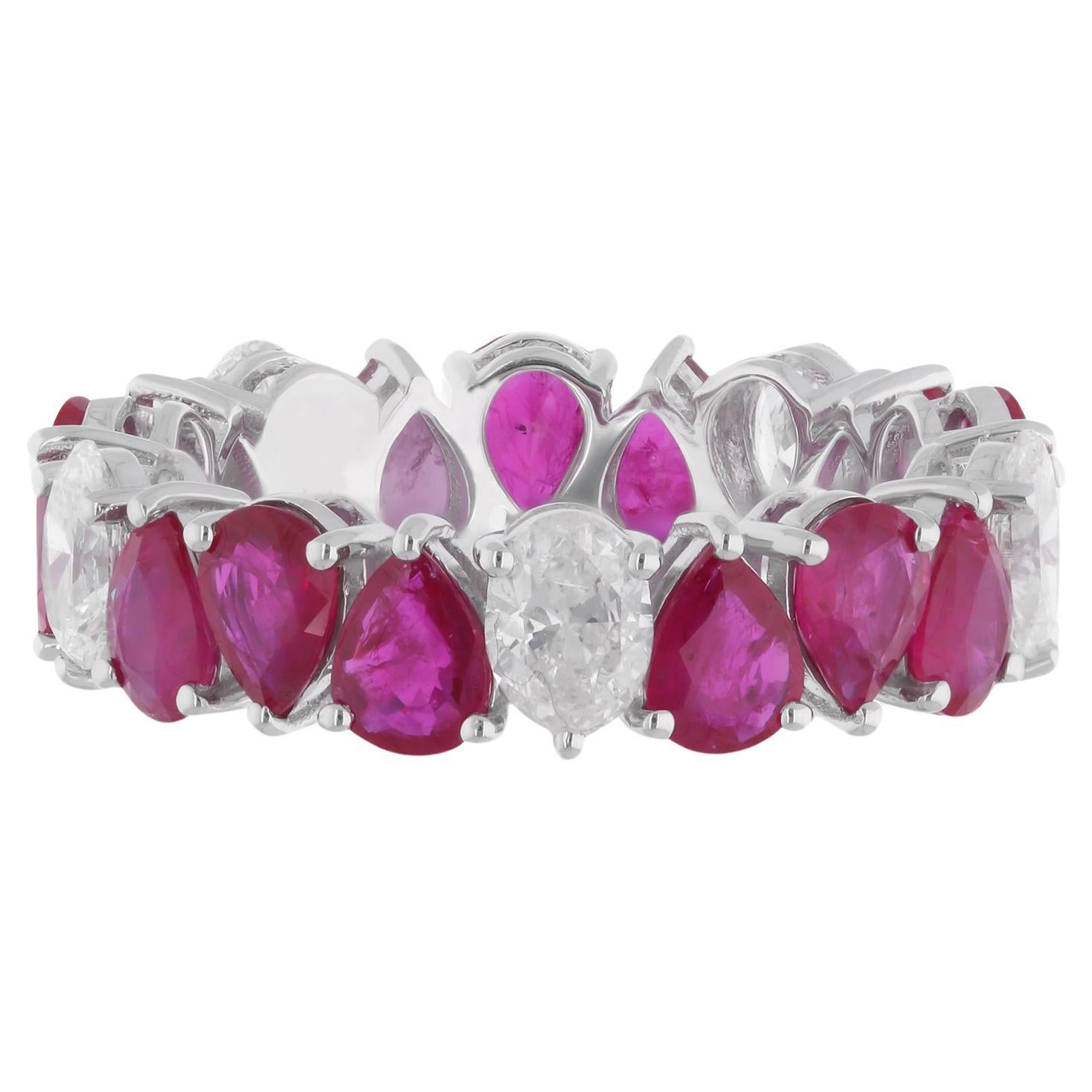 Pear Ruby Gemstone Band Ring Oval Diamond 14 Karat White Gold Handmade Jewelry For Sale