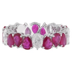 Pear Ruby Gemstone Band Ring Oval Diamond 14 Karat White Gold Handmade Jewelry