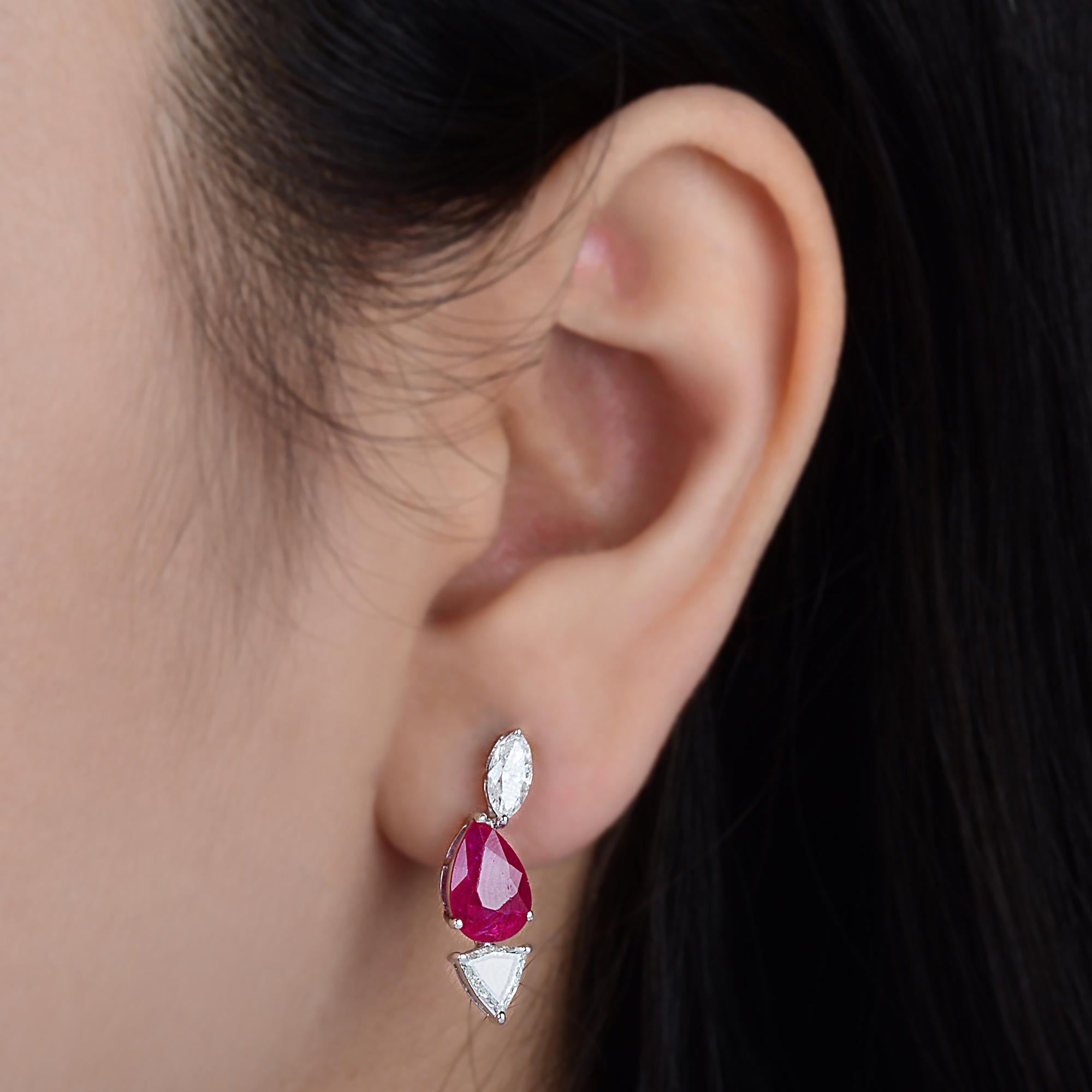 Modern Pear Ruby Gemstone Fine Earrings Marquise Trillion Diamond 18 Karat White Gold For Sale