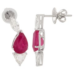 Pear Ruby Gemstone Fine Earrings Marquise Trillion Diamond 18 Karat White Gold