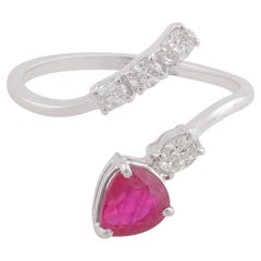 Pear Ruby Gemstone Fine Wrap Ring Diamond Solid 14k White Gold Handmade Jewelry