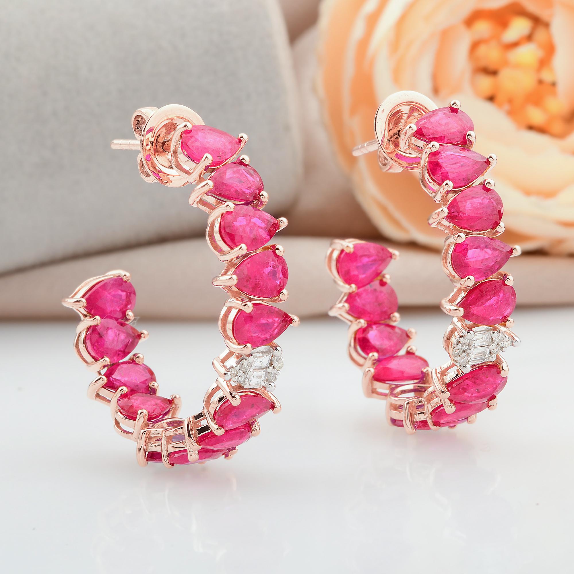 Modern Pear Ruby Gemstone Huggie Hoop Earrings Diamond Solid 14k Rose Gold Fine Jewelry For Sale