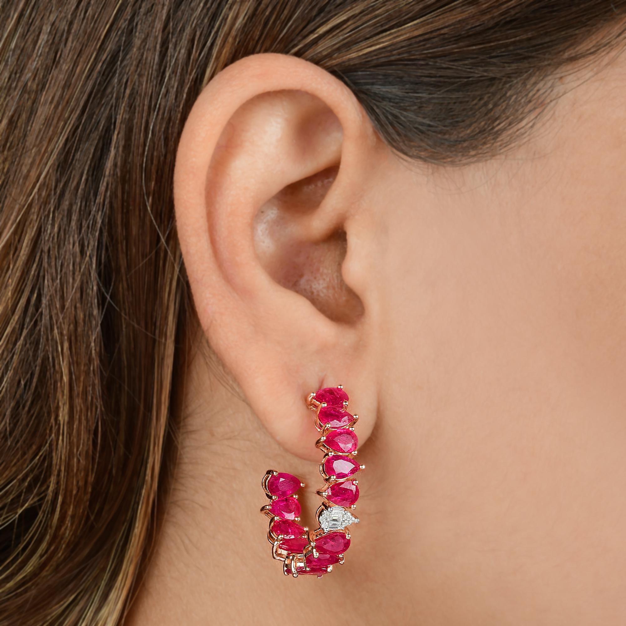 Taille poire Boucles d'oreilles poire rubis pierres précieuses diamant massif or rose 14k Fine Jewelry en vente
