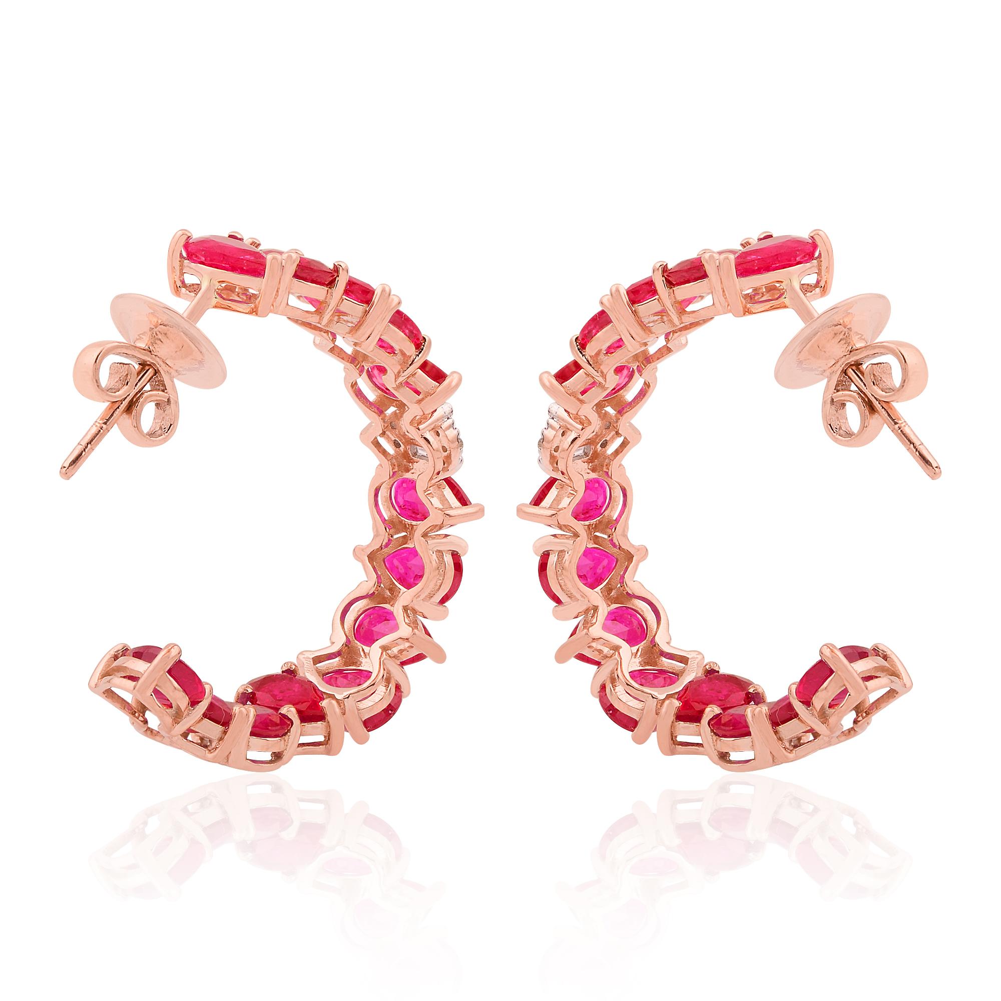 Pear Ruby Gemstone Huggie Hoop Earrings Diamond Solid 14k Rose Gold Fine Jewelry For Sale 1