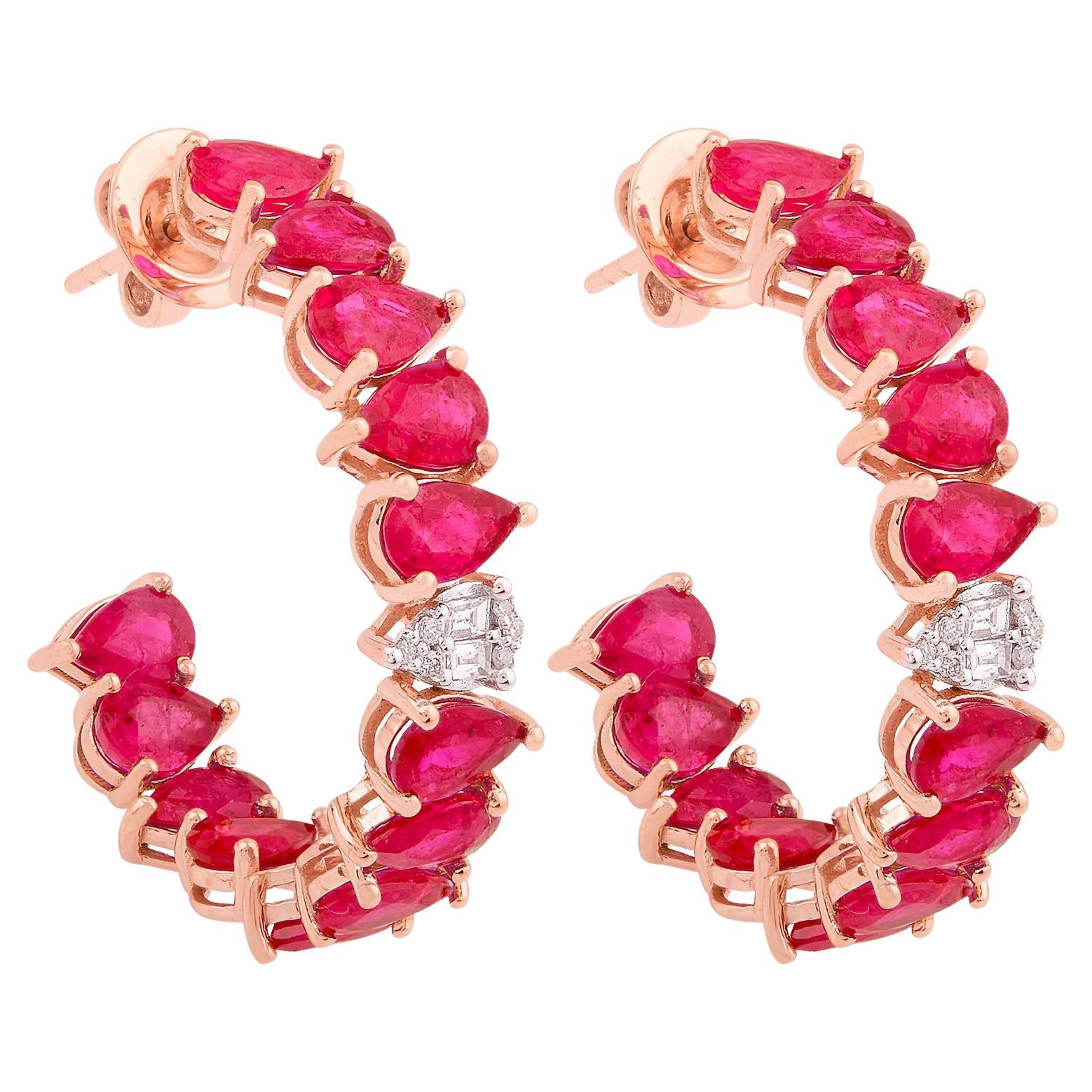 Pear Ruby Gemstone Huggie Hoop Earrings Diamond Solid 14k Rose Gold Fine Jewelry For Sale