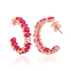 Pear Ruby Gemstone Huggie Hoop Earrings Diamond Solid 18k Rose Gold Fine Jewelry