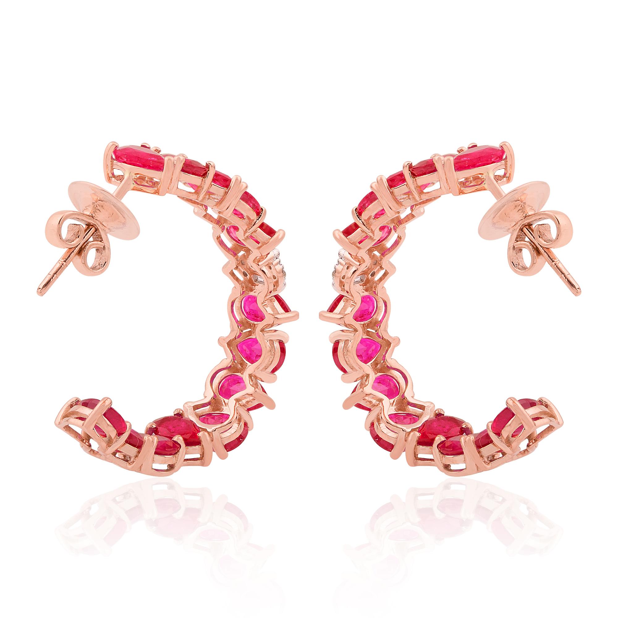 Pear Ruby Gemstone Huggie Hoop Earrings Diamond Solid 18k Rose Gold Fine Jewelry In New Condition For Sale In Diera, Dubai