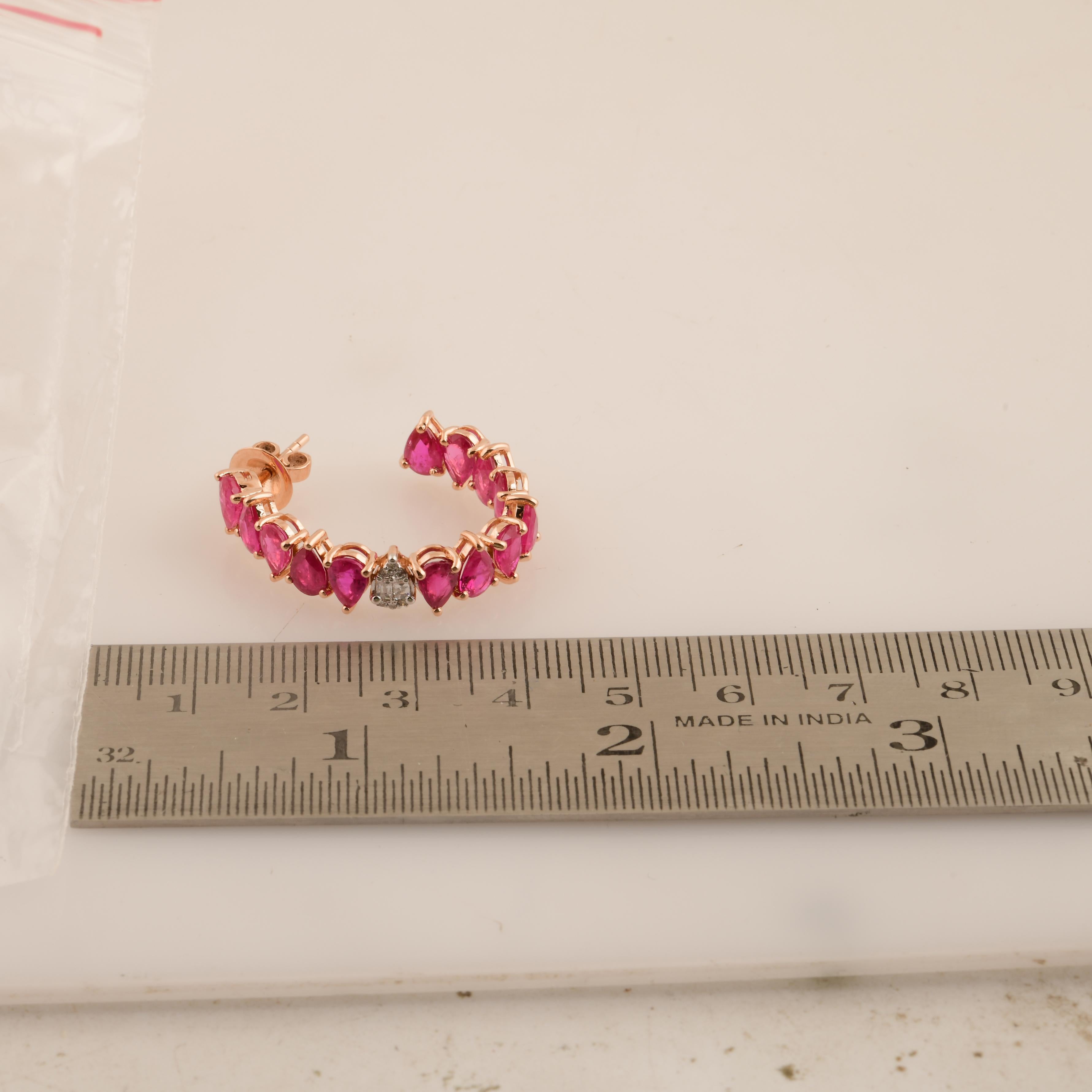 Women's Pear Ruby Gemstone Huggie Hoop Earrings Diamond Solid 18k Rose Gold Fine Jewelry For Sale