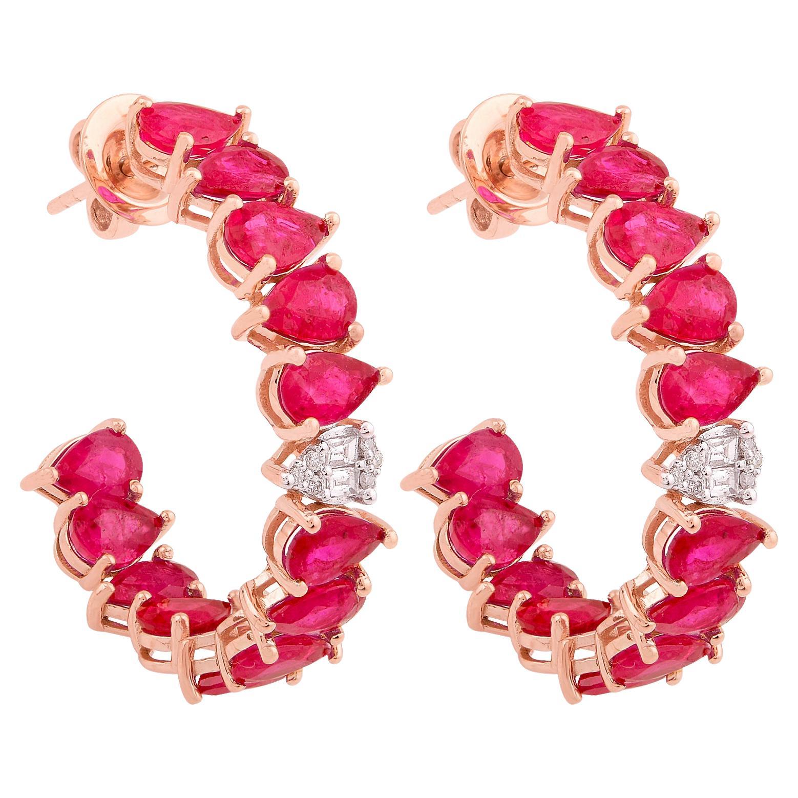 Boucles d'oreilles poire rubis pierres précieuses diamant massif or rose 18k Fine Jewelry en vente