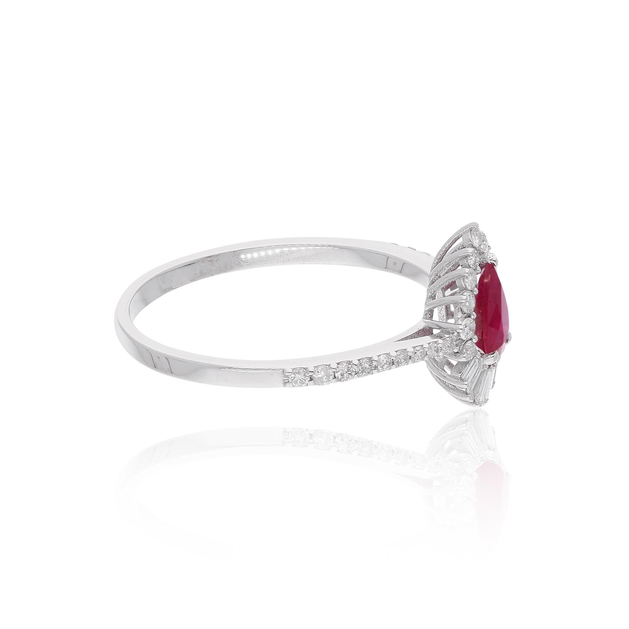 Modern Pear Ruby Gemstone Ring Baguette Diamond 18 Karat White Gold Handmade Jewelry For Sale