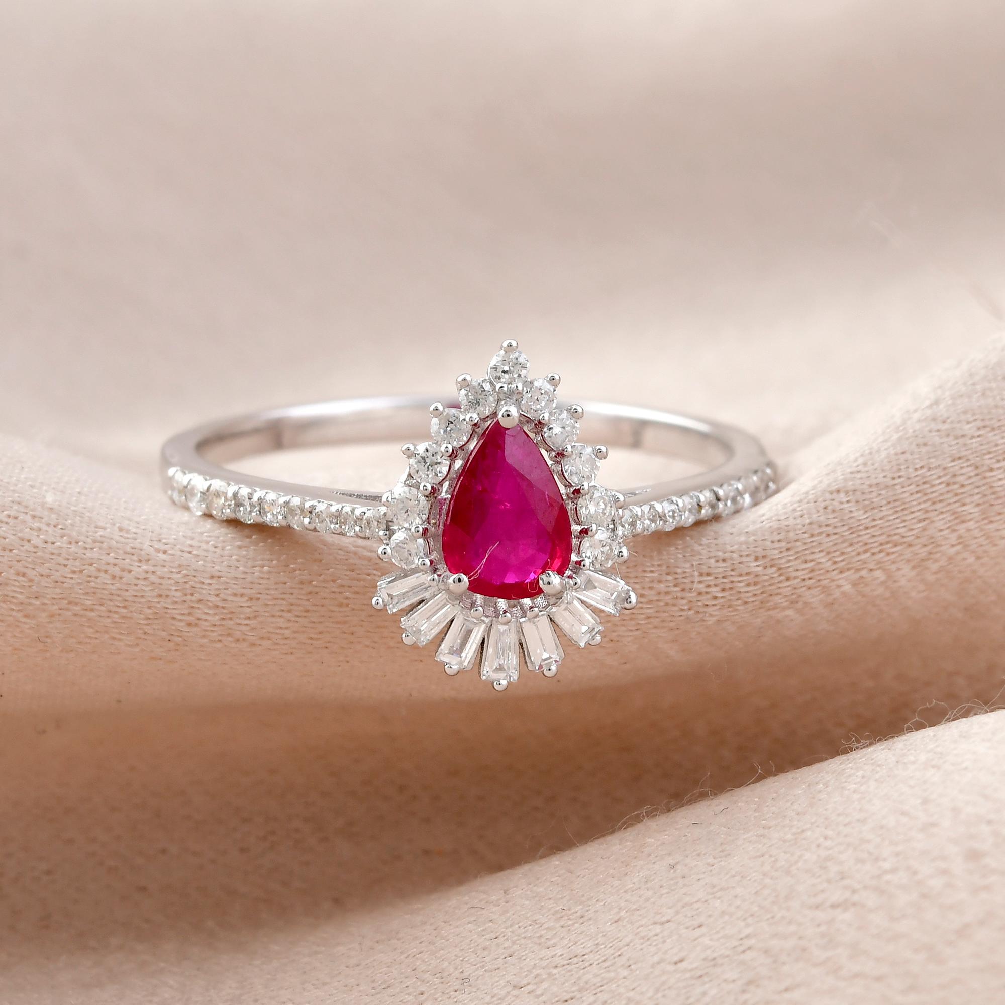 Pear Cut Pear Ruby Gemstone Ring Baguette Diamond 18 Karat White Gold Handmade Jewelry For Sale