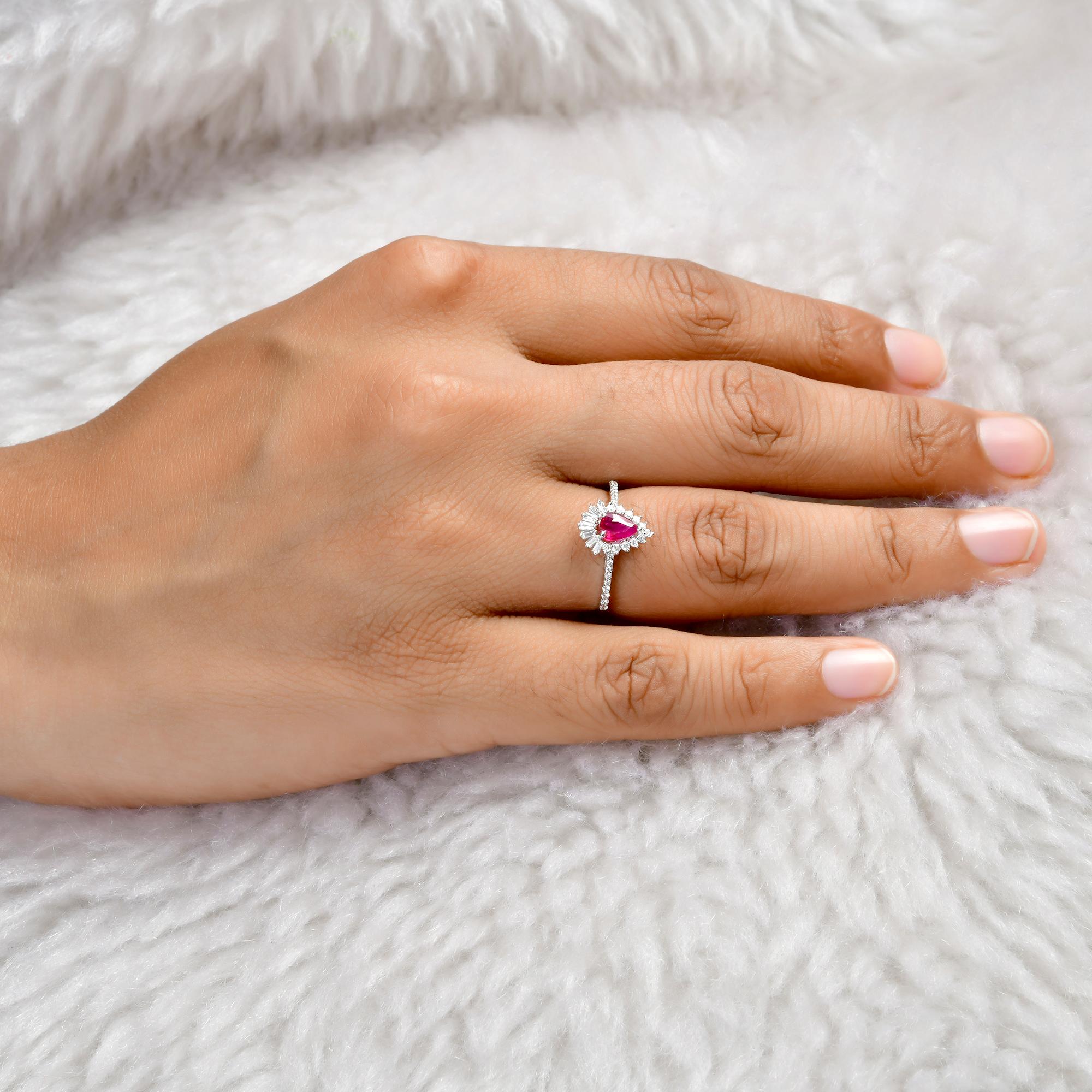 Women's Pear Ruby Gemstone Ring Baguette Diamond 18 Karat White Gold Handmade Jewelry For Sale
