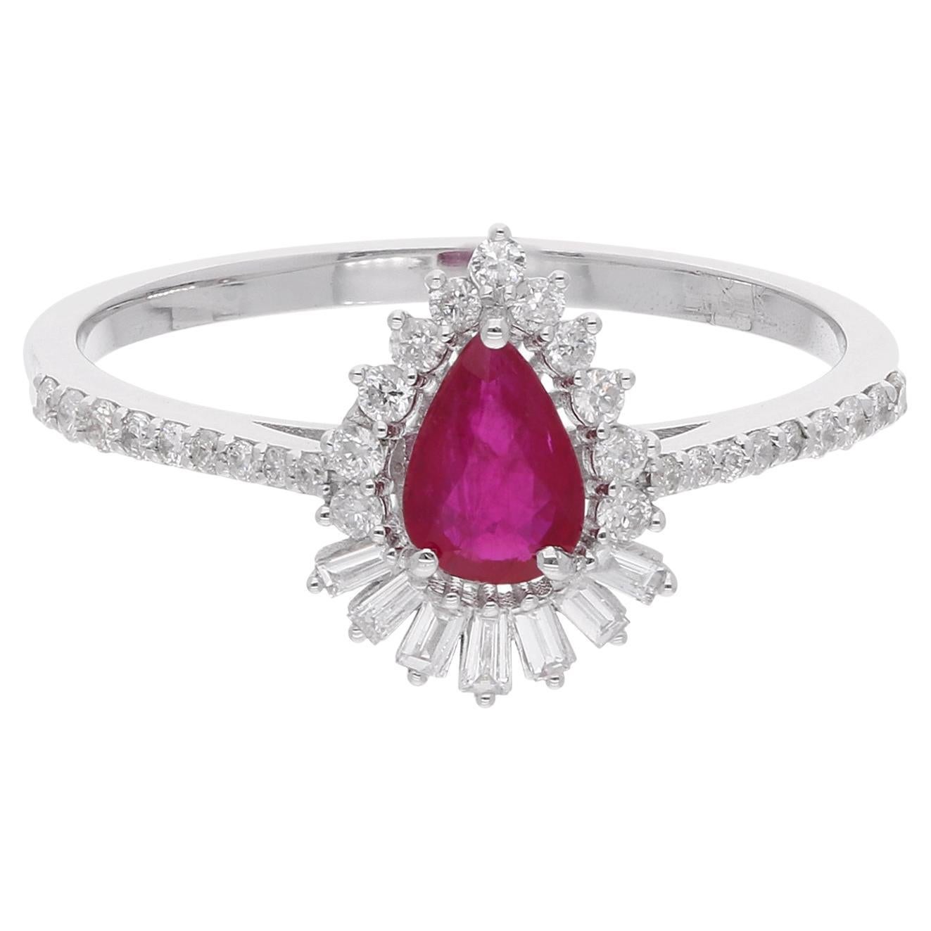 Pear Ruby Gemstone Ring Baguette Diamond 18 Karat White Gold Handmade Jewelry For Sale