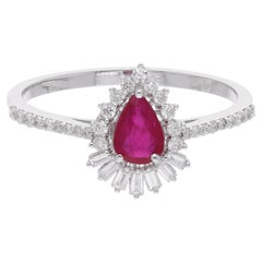 Pear Ruby Gemstone Ring Baguette Diamond 18 Karat White Gold Handmade Jewelry