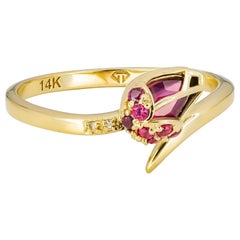 Pear Ruby Gold Ring, Flower Ring with Ruby