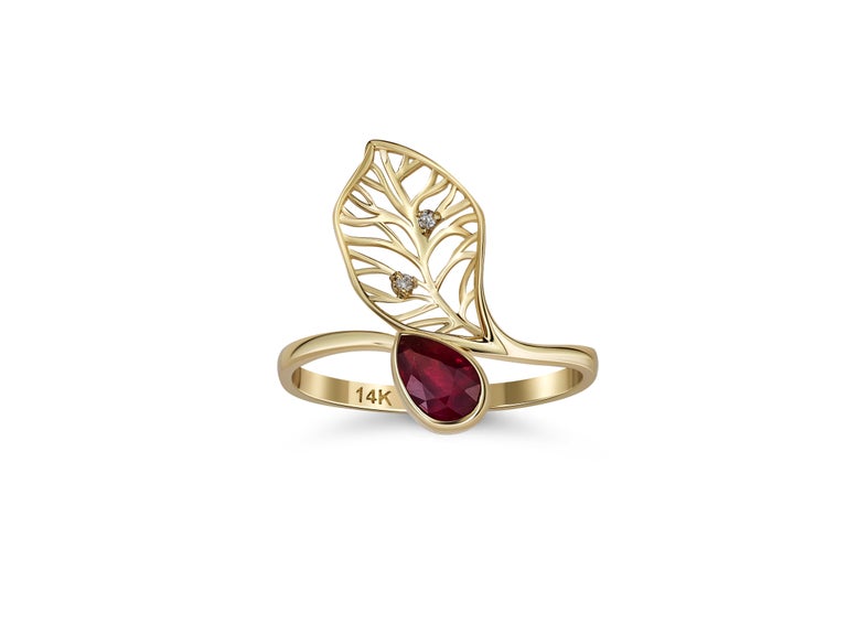 For Sale:  Pear ruby ring in 14 karat gold. Ruby ring. July birthstone ruby gold ring. 2