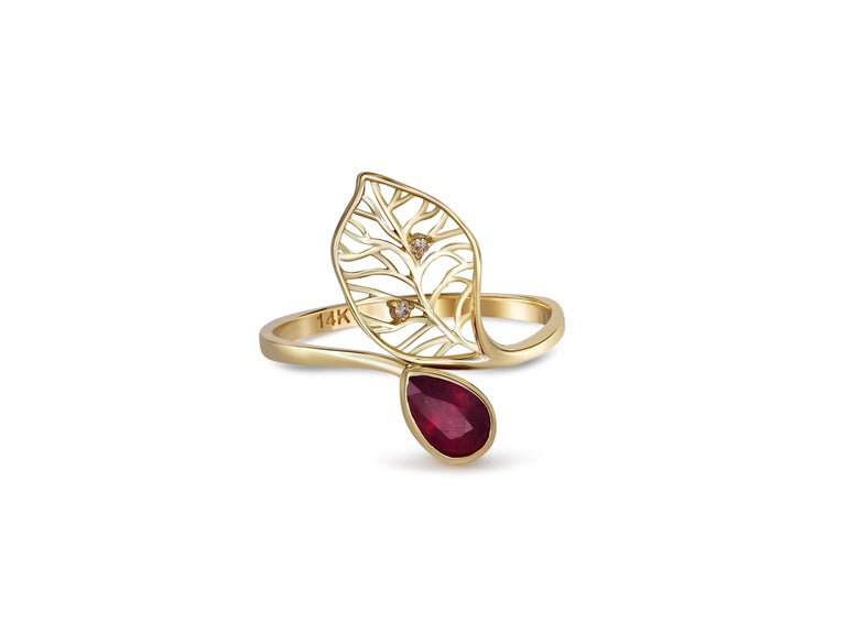 For Sale:  Pear ruby ring in 14 karat gold. Ruby ring. July birthstone ruby gold ring. 4