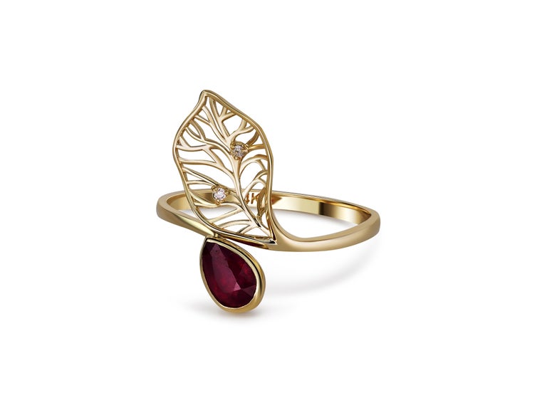 For Sale:  Pear ruby ring in 14 karat gold. Ruby ring. July birthstone ruby gold ring. 5
