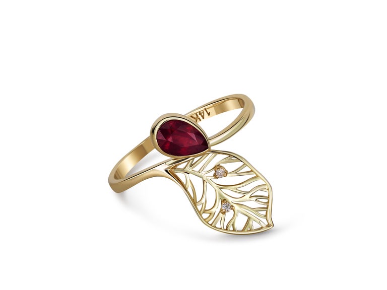 For Sale:  Pear ruby ring in 14 karat gold. Ruby ring. July birthstone ruby gold ring. 6