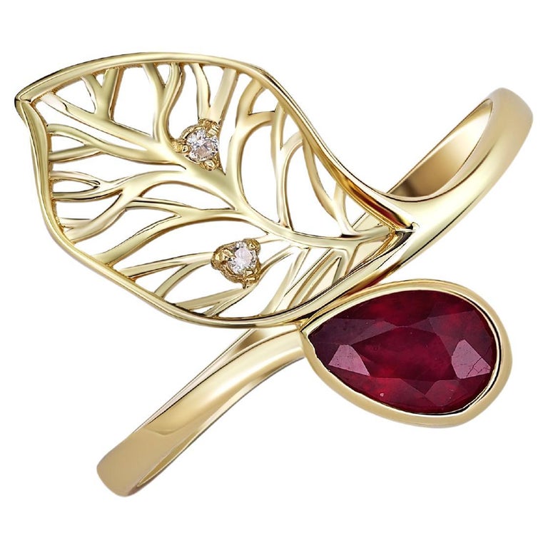 For Sale:  Pear ruby ring in 14 karat gold. Ruby ring. July birthstone ruby gold ring.